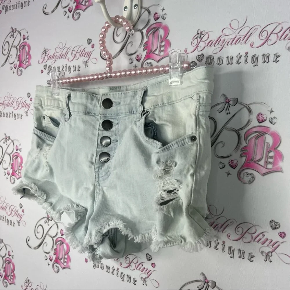 Billabong jeans shorts mini button up Distressed Denim Shorts holes